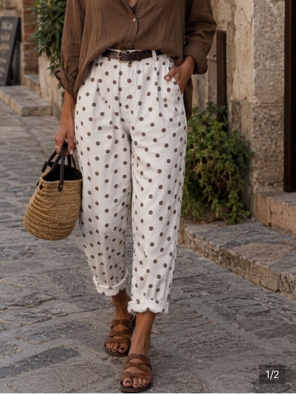 From Italy 100% Cotton Relaxed Polka Dot Belted  Pants - Multiple Colors